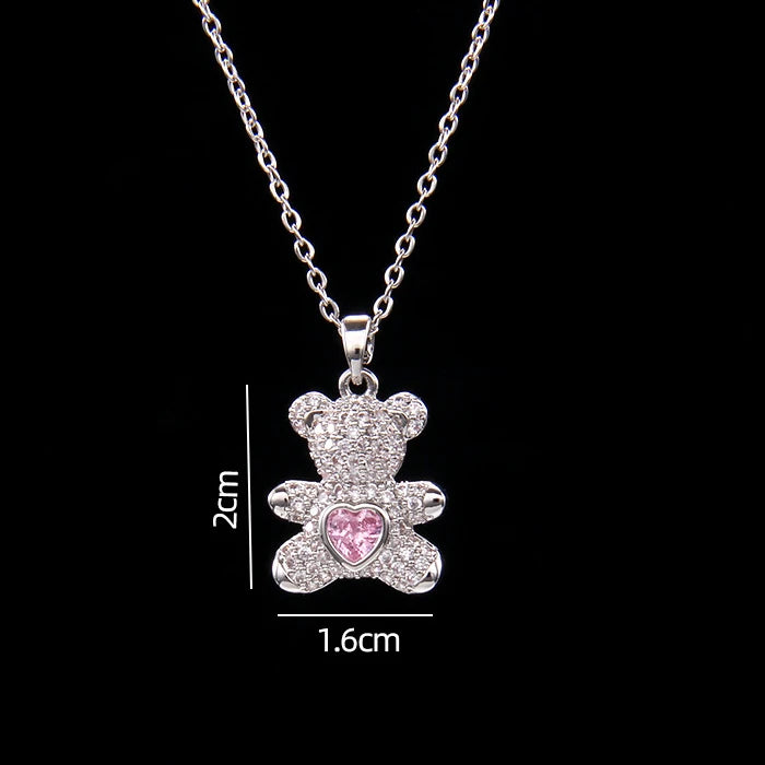 Stainless Steel Necklace With A Shiny Zircon Bear Pendant