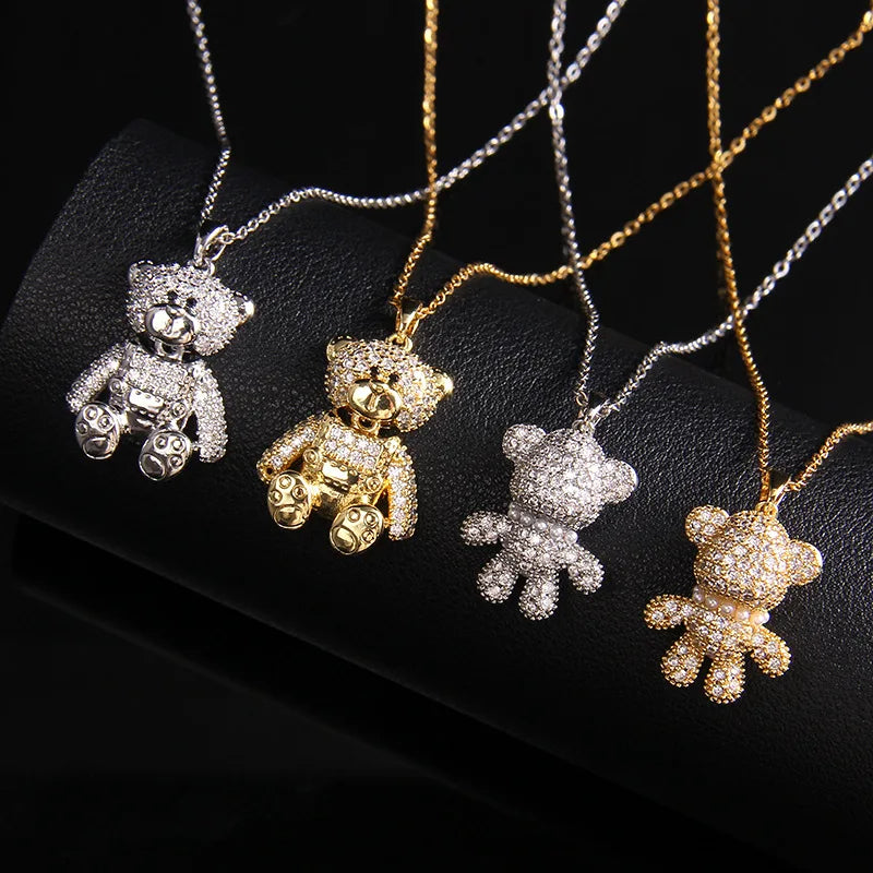 Stainless Steel Necklace With A Shiny Zircon Bear Pendant